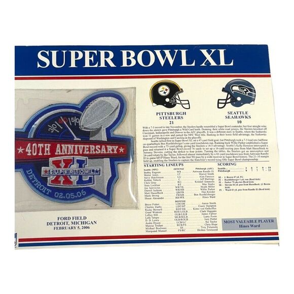 Super Bowl XL 40 Patch Pittsburgh Steelers vs Seattle Willabee & Ward NFL Stats - Picture 2 of 6